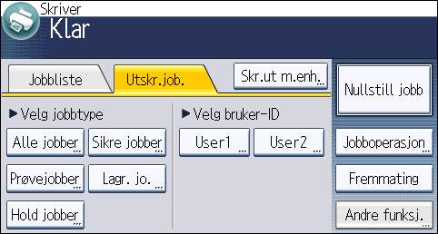 Lagret utskrift 1. Trykk på [Hjem]-tasten øverst til venstre på kontrollpanelet, og trykk på [Skriver]-ikonet på startskjermen. 2. Trykk på [Utskr.job.]. CMR612 3. Trykk på [Lagr. jo.]. 4.