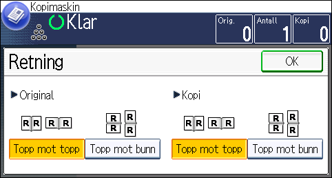 Tosidig kopiering Angi original- og kopiretning Velg retning for originaler og kopier hvis originalen er tosidig eller du vil kopiere på begge sidene av papiret.