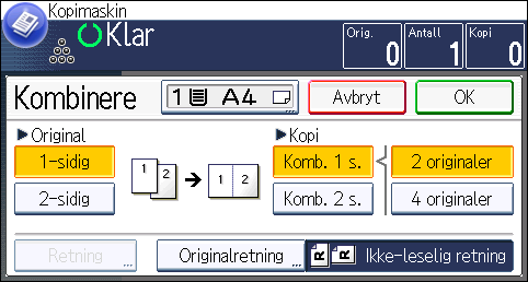 3. Kopi 7. Trykk på [Komb. 2 s.]. 8. Trykk på [Retning]. 9. Velg [Topp mot topp] eller [Topp mot bunn] for [Original] og/eller [Kopi], og trykk deretter på [OK].