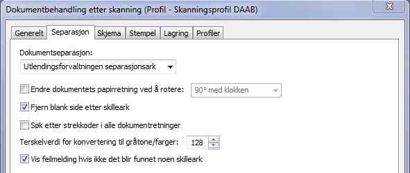 1.6.2 Fanekortet Separasjon 1. Huk av valg som vist i understående skjermbilde. NB: Det vil ikke lenger være mulig å benytte type 39 for dette formålet! 1.6.3 Fanekortet Lagring (se skjermbilde neste side) 1.