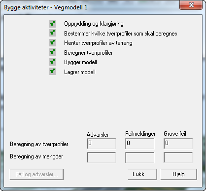 4. Velg Modell og Bygg. Trykk på Bygg knappen. Gjør eventuell endringer i terrenget slik at beregningen blir feilfri. Trykk på Lukk knappen. 5.