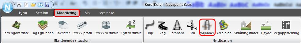 Stå i Novapoint Basis og stå på riktig sted i utforskeren slik som vist: Pek på menyvalg Modellering og VA slik