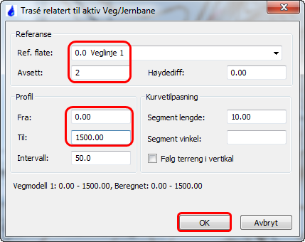 3. Velg fra nedtrekksmeny VA og Start Konstruksjon. Denne dialogen kommer opp: 4. Velg fra menyen Trase og Relatert til Veg/Jernbane.