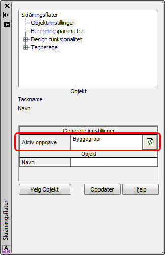 Trykk på OK knappen. 7. Start opp Skråningsflater på vanlig måte med å velge nedtrekksmenyen Novapoint Landskap > Terrengforming > Skråningsflater 8. Utfør skråningsflateberegningen på vanlig måte.