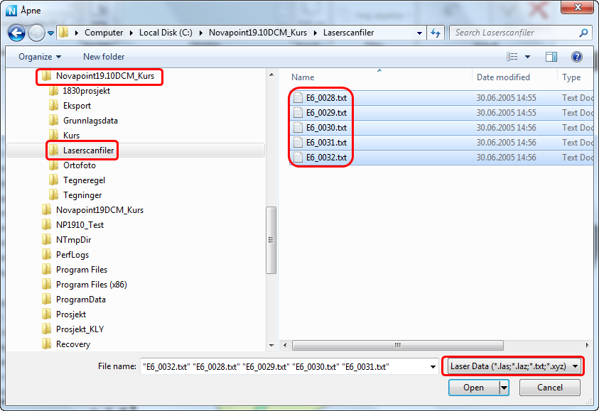 Vedlegg Vedlegg 1: Import og bruk av laserscan data Det er også mulig å lese inn laserscandata og bruke dette som beregningsgrunnlag for f.eks. vegprosjektering. 1. Stå på riktig sted i utforskeren slik som vist: 2.