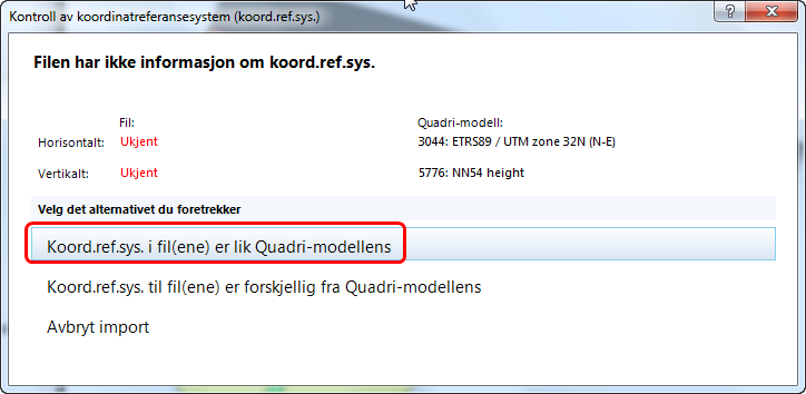 Pek på Koord.ref.sys i fil(ene) er lik Quadri-modellen. Denne dialogen kommer opp: Pek på Rutenett innstillinger og sjekk at det er brukt riktige verdier.