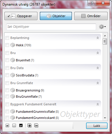 6. Pek på knappen Objekter. Dialogen ser nå slik ut: Her velger du ut de objekttypene i som skal danne grunnlaget for terrengoverflaten din: 7.