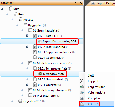 triangulerte terrengoverflaten. Dette er en klar feil og må rettes opp. 2. Gå tilbake til utforskeren og marker oppgavene Import Kartgrunnlag.