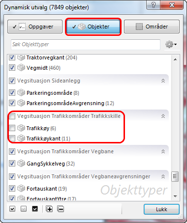 8. Beveg deg nedover i listen til du finner de objektene du ikke skal bruke, i dette tilfellet Trafikkøy og