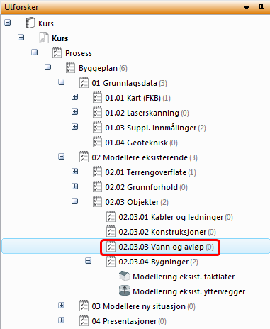 Zoom inn på en av kummene og bytt presentasjonsregel til Basis 3D. Geometriegenskapen til kummen er et punkt. I denne øvingen skal vi legge til volumgeometri som egenskap til kummene.