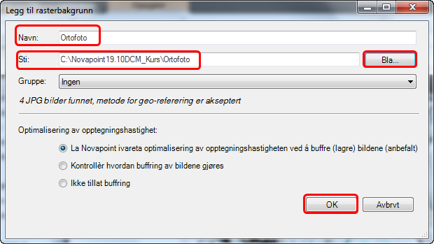 4. Pek på pilen under feltet Rasterbakgrunn Velg Legg til Ortofoto Denne dialogen kommer opp: 5. Fyll ut med ønsket navn. Pek på knappen Bla og bla deg fram til katalogen C:\Novapoint 19.