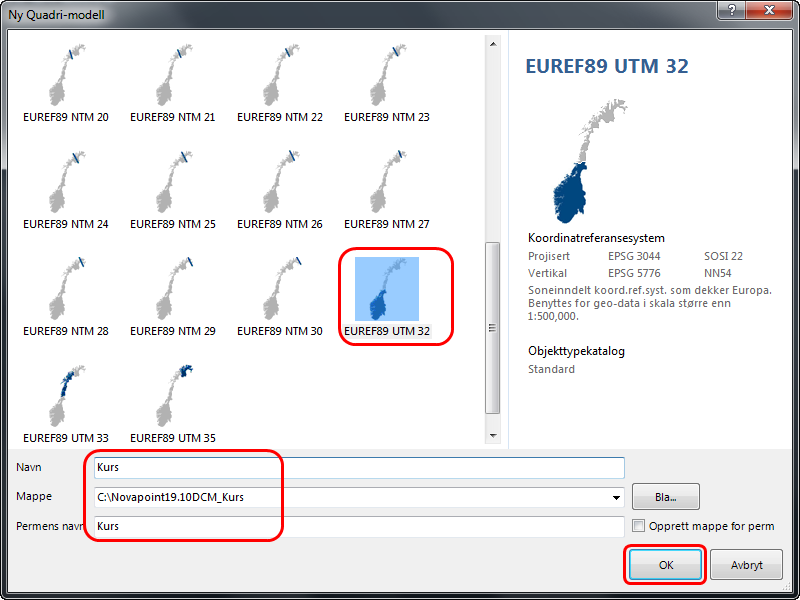 Denne dialogen kommer opp: Her får du opp alle koordinatsystemer for Norge.
