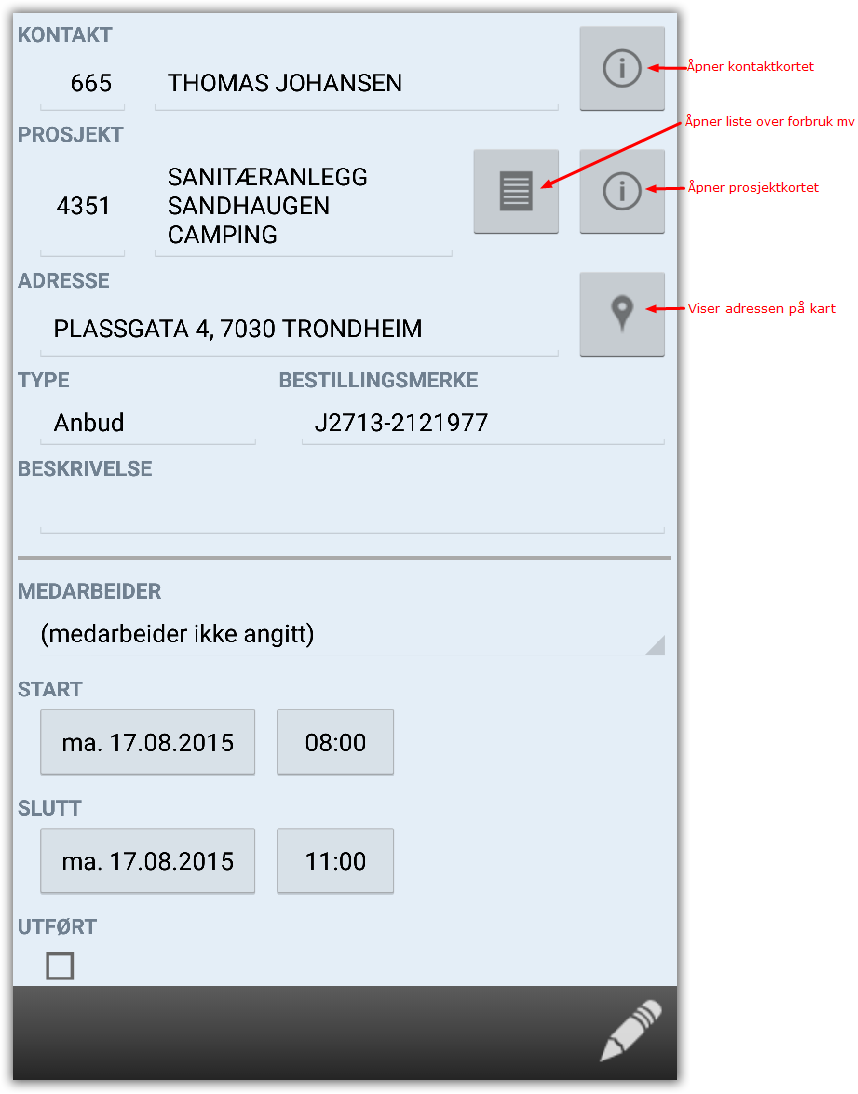 Kalender Nyheter i POCKETLINK versjon 15.32 Mer prosjektinfo i kalenderavtalen Avtaledetaljbildet er endret slik at det nå viser mye mer prosjektinformasjon.