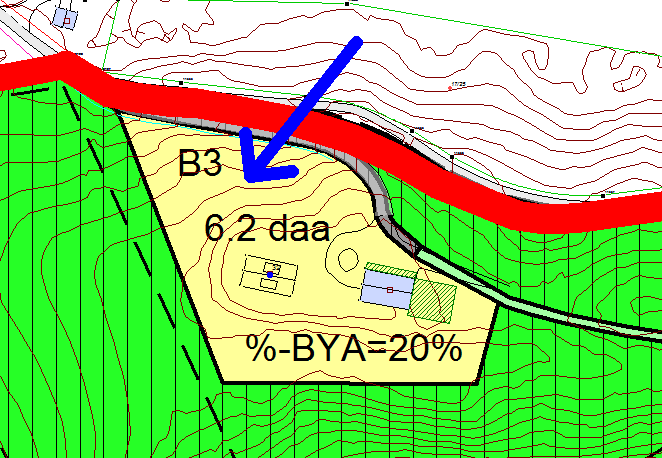 avsatt til golfformål (mørkegrønt område). Ønsket plassering av kårbolig er markert med blå pil i byggeområde for bolig (gult område).