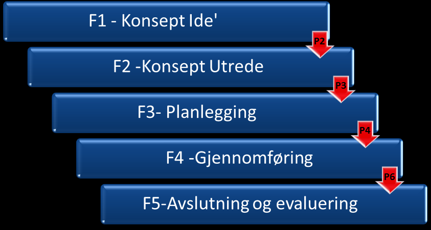 (regulering, funksjon, programmering, skisse, forprosjekt osv), men i hovedsak de samme overordnet faser. På bakgrunn av beslutningspunkter knyttet til politiske vedtak gjelder følgende to prosesser.