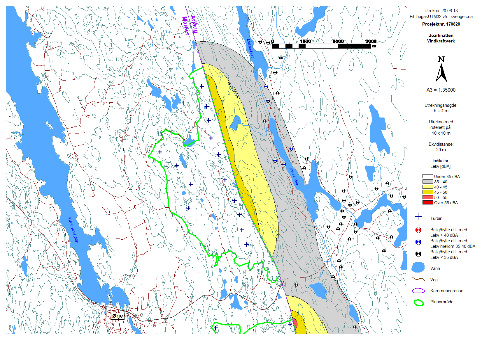 rao4n 2008-01-23 Figur 2-2. Støysonekart for planområdet Joarknatten (i Sverige), beregningshøyde 4 m. Viser støyutbredelsen for årsmidlet A-veid lydnivå, L ekv.