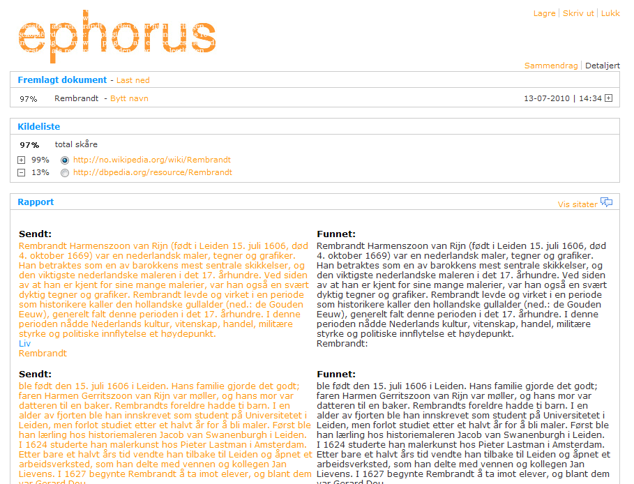 For hver likhet vises teksten av det innleverte dokumentet på venstresiden, og testen av kilden på høyresiden.
