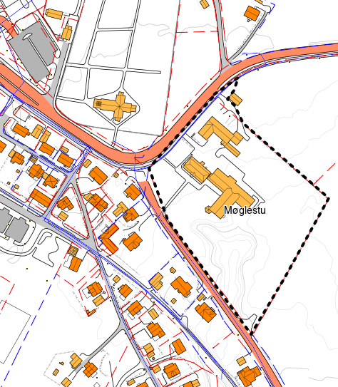 1 Beliggenhet og eierforhold Planområdet ligger ved Gamle Møglestu gård, med kort avstand til Lillesand sentrum. Området er avgrenset av fv 402 i nord-nordvest, og grenser til fv.235 i sørvest.