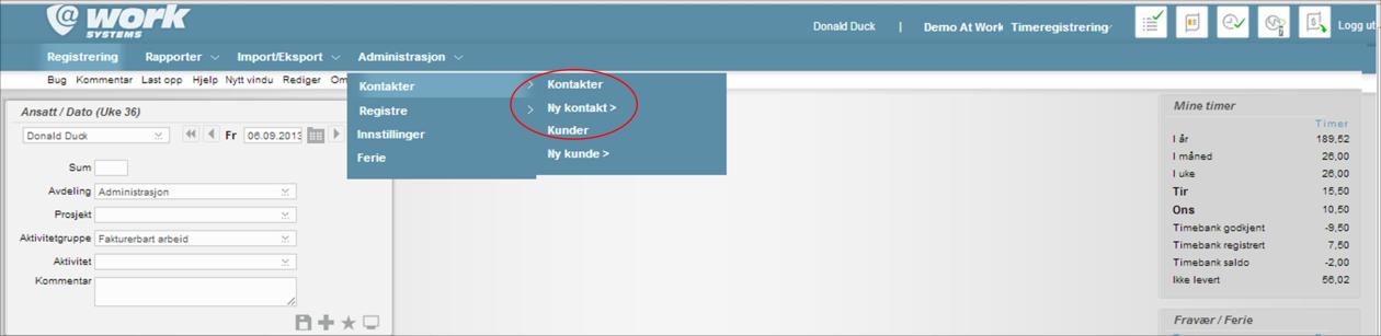 Stå i At Work Timeregistering. Velg Administrasjon -> Kontakter -> Ny kontakt. Du kommer nå til Kontaktkort for brukeren.