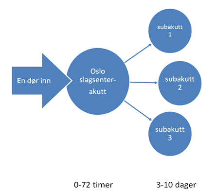 18 Tittel på rapporten Fig. 2 Modell Oslo sykehusområde: En akutt og flere subakutte slagenheter i nettverk 7.1.5 Akutt fase For Oslo sykehusområde anbefaler fagutvalget en modell med en dør inn for hele sykehusområdet til ett felles akutt slagsenter ved OUS for den akutte fasen.