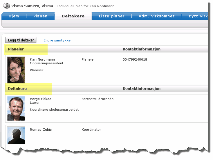 Jobbe med planen 35 hvilken rolle og ansvar de har i planen. Samtykkeperiode og rettigheter vises også Man kan endre informasjon om deltakere fra deltaker-listen.