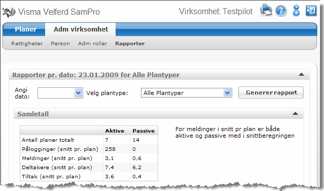 72 4.7 SamPro 4.6 Rapporter/statistikk Menyvalget Rapporter gir tilgang til en ad-hoc-rapport basert på ulike datatyper.