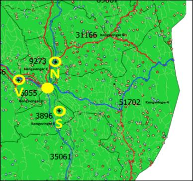 Figur 3 Alternative lokaliseringer av ny terminal på Kongsvinger I modellen som er brukt i analysene er det etablert nye terminaler på Hauerseter og Rudshøgda i tillegg til eksisterende terminaler.