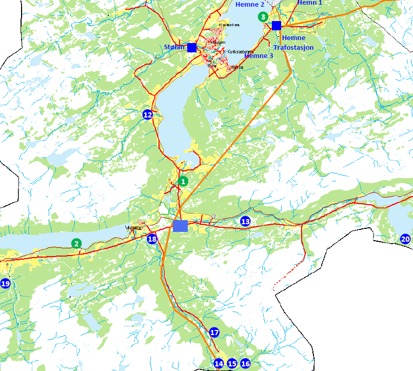 132 kv -linje Ny trafostasjon Figur Alternativ 2 - Oversiktskart og småkraftverk Tabell Småkraftverk i Figur (Tilknyttet ny trafostasjon - ikke inkludert i analysene) Nr Navn Nr Navn 1 Eidsfossen 15