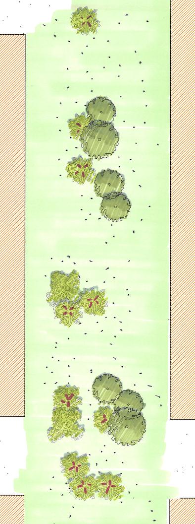 Alternativ 2 Områdene mellom veggliv får en grønnstruktur med fall fra vegg.