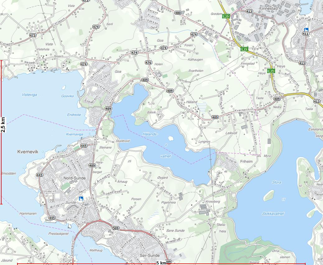 Fv. 409 Transportkorridor Vest Sundekrossen Finnestad 5,5 kilometer Ny veg (diagonal) mellom Goa til Randabergveien