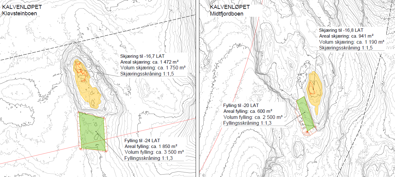 5.4.2 Kalvenløpet delområde B i Larvik kommune og delområde C i Porsgrunn kommune Kalvenløpet vurderes til å ligge i beskyttet farvann og dagens farled vil i hovedsak bli benyttet.