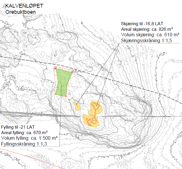 Tiltak i område C i Kalven, Porsgrunn kommune Kalvenløpet skal utdypes til -16,5 m ved Orebuktbåen. Dette gir masser på ca. 600 m 3 og et arealinngrep på 0,8 daa.