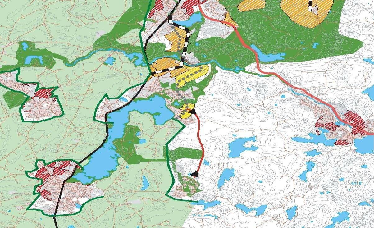 17 Figur 4: Utsnitt fylkesdelplan for langsiktig byutvikling på Jæren Med symbolbruk (piler) antydes også utbygging i området mellom Kvernaland og Lyefjell basert på en utvidelse av kollektivtilbudet