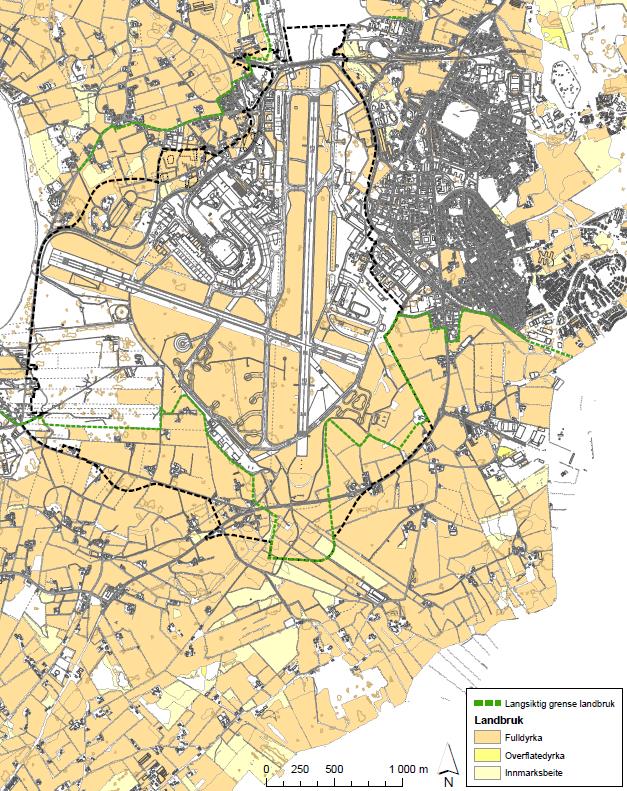 tverrbane (2040/50) vil man beslaglegge et større område med landbruksjord, inkl. områder som ligger innenfor kommunens definerte langsiktige grense for landbruk.