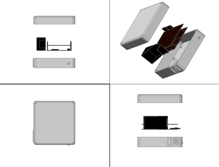 Figur 9: Modell for koplingsboks med Arduino og anna utstyr sett frå ulike retningar Tekstbehandlar Microsoft Word Hovudprosjektrapporten er skrive med tekstbehandlaren Mikrosoft Word 2007.