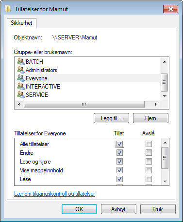 Etter installasjon 5. Klikk OK i begge vinduene. 6. Åpne fanekortet Sikkerhet (Security), klikk Rediger (Edit), og velg gruppen (f.eks. Everyone) og/eller brukerne som skal ha tilgang.