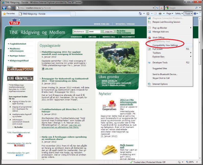 VISNINGSPROBLEMER OG BAKOVERKOMPATIBILITET I Internet Explorer har en funksjon for å vise nettsteder som om en brukte en eldre versjon av nettleseren («Compatibility View»).