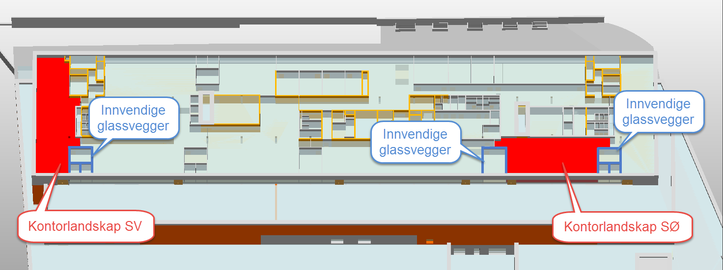 BIM I ENERGI- OG INNEKLIMABEREGNINGER Side 7 av 20 Figur 3.2 Plan 5 hvor kontorlandskapene som inngår i beregningene er markert.