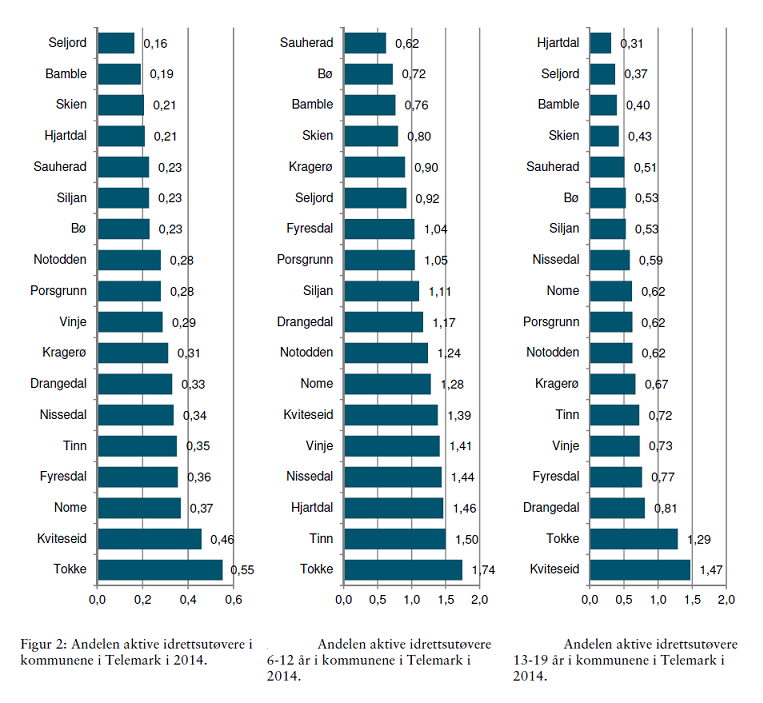 sammenligne oss med. I idretten deler man ofte opp i aktivitetsgrupper fra 6-12 år og 13-19 år. Vi kan se at Telemark har en aktivitetsandel på 98 % i alderen 6-12 år og 56 % i alderen 13-19 år.