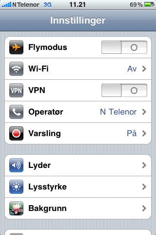 Når man er koblet til trådløst nett vil man ha et viftesymbol øverst på venstre side av bildet. Husk alltid slå av WiFi (trådløs) når du ikke bruker det for å spare batteriet.