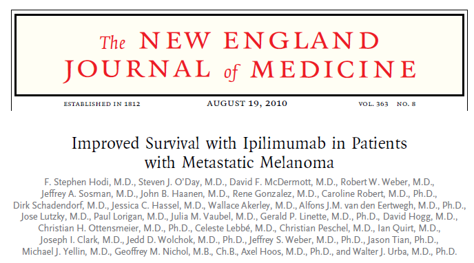 Ipilimumab øker total overlevelse Ipi + gp100 (A) Ipi alone (B) gp100 alone (C) Survival Rate Ipi +