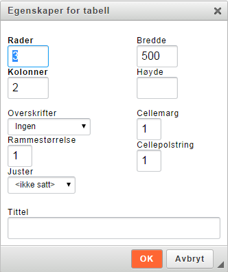 Tabeller i besvarelsen Om du ønsker å legge inn en tabell i besvarelsen din, klikker du på i verktøylinjen. -knappen øverst til høyre I dialogen kan du sette egenskapene for den nye tabellen.