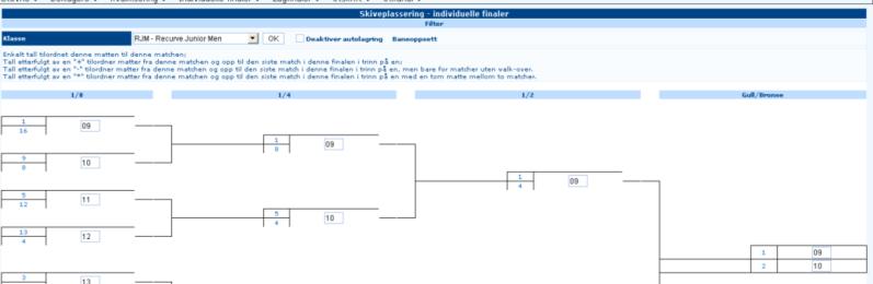 Velg for hver finale hvor mange Skyttere per skive, og klikk på Lagre. Gjør dette for alle klasser.