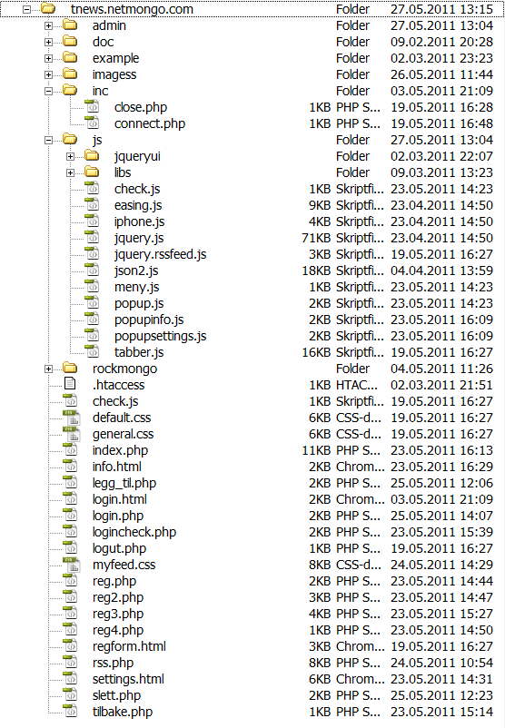 8.2 Mappestruktur Figur 8.2.1 Mappestruktur på webserver Figur 8.2.1 viser hvordan webapplikasjonen er bygd opp. Alle skriptfiler er separert og lagt i sin egen mappe.