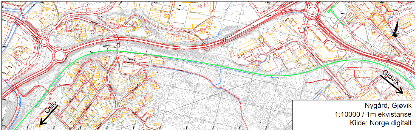 3.2 Alternativ 2 Nygard Nygard er en nedlagt holdeplass ca 4,5 km syd for Gjøvik. Selve stasjonsområdet er opparbeidet og plant, men det er større høydeforskjeller nord og sør for sporet.