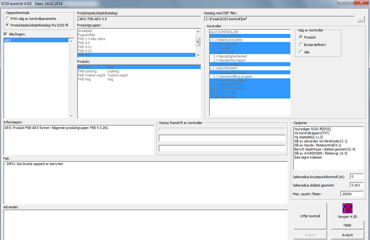 Ta inn SOSI-fila, meny Fil Åpne filer. Gå til SOSI-kontroll, meny Kontroll SOSI-kontroll. Velg metode og kontroll. Info om FKB produktspesifikasjon (..Objektkatalog FKB-AR5 4.