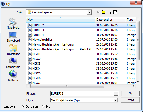 3.2. Start et nytt GeoProsjekt Start nytt GeoProsjekt ved å taste Ctrl + N. Velg GeoProsjekt-mal i samme koordinatsystem som koordinatsystemet til AR5-basen som ajourholdes.