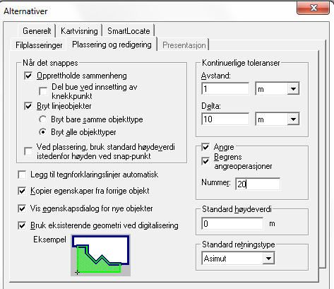 3.3. Klargjør funksjoner for redigering Velg Alternativer fra verktøyknapp (helt øverst til venstre i WinMap-skjermvindu). Fra Alternativer: Velg fane Plassering og redigering.