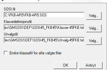 3.5. Importer AR5 fra SOSI til AR5 dataforbindelse Gå til meny WinMap - Import. Velg AR5 SOSI-fil fra knapp Velg filer. Sjekk klassefil fra knapp, Endre klassefil.