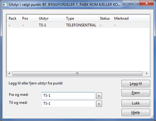 Funksjonen brukes når du ønsker å samle utstyr som tilhører et gitt punkt (telerom, utstyrsrom, node, site, kryssfelt eller lignende). Den kan også brukes hvis du ønsker å knytte et kundeutstyr, f.